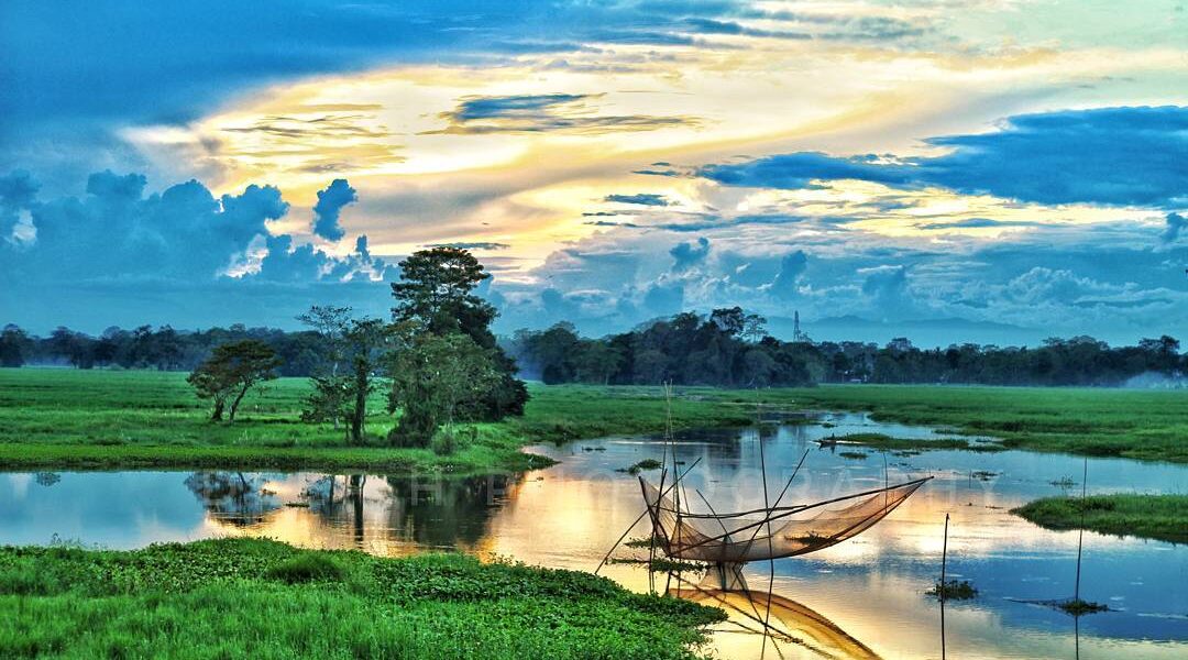 Scenic view of Majuli Island's lush green landscapes and wetlands