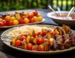 A colorful kebab feast spread with various dips, grilled meats, and roasted vegetables