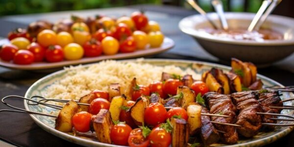 A colorful kebab feast spread with various dips, grilled meats, and roasted vegetables