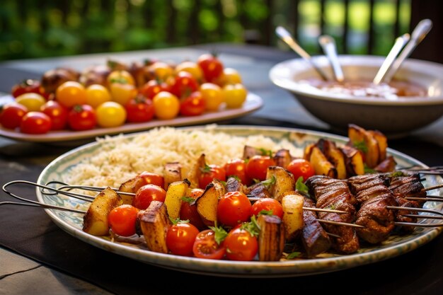 A colorful kebab feast spread with various dips, grilled meats, and roasted vegetables