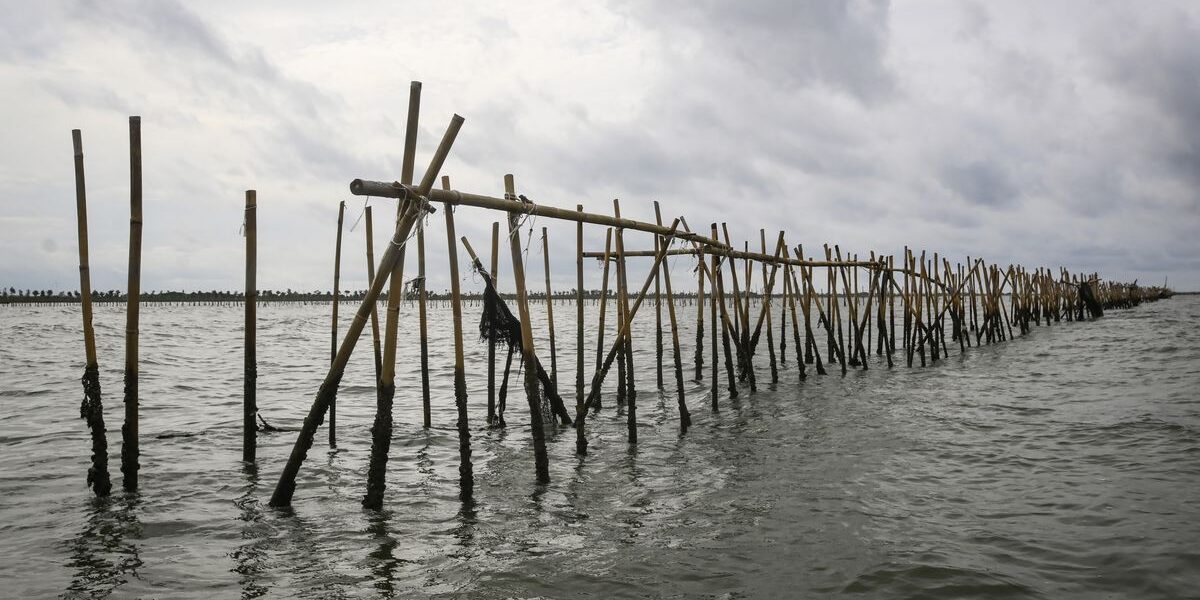 Foto pagar laut modern yang terpasang di sepanjang garis pantai untuk mencegah abrasi